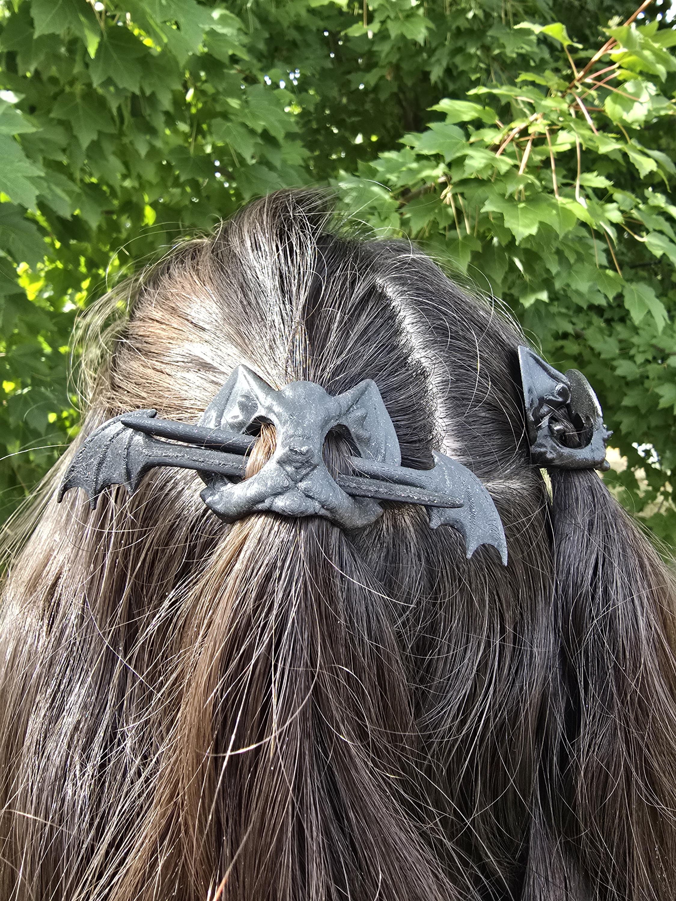 3D Printed Bat Skull Hair Pins: Gothic Fantasy Hair Accessories