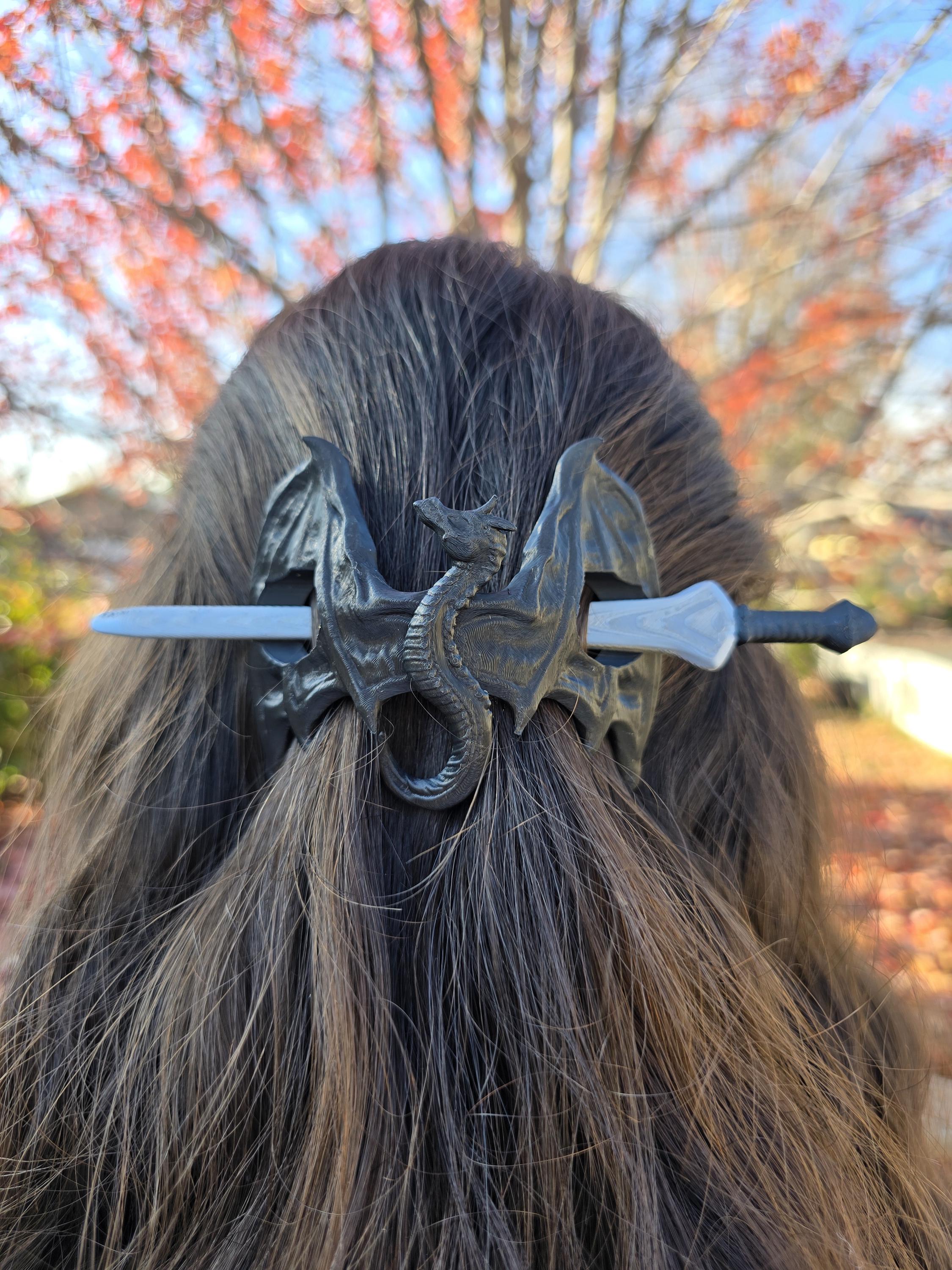 Dragon Spirit Hair Pin – 3D Printed Dragon Sword Hair Stick, Fantasy Hair Accessory, Cosplay Hair Clip, Gothic Dragon Hairstick, Gift for He